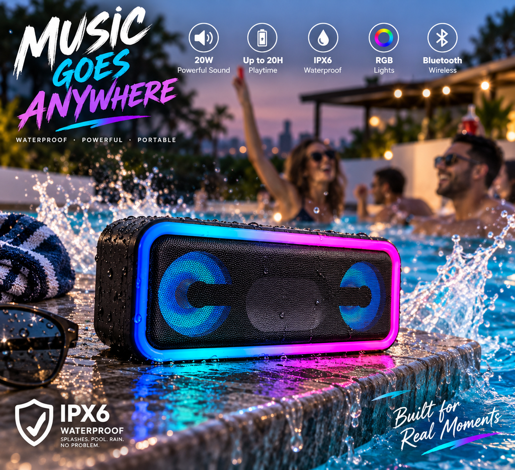 PRO Bluetooth Speaker Ð 20W Sound, IPX6 Waterproof, 20H Playtime, RGB Lights, Deep Bass