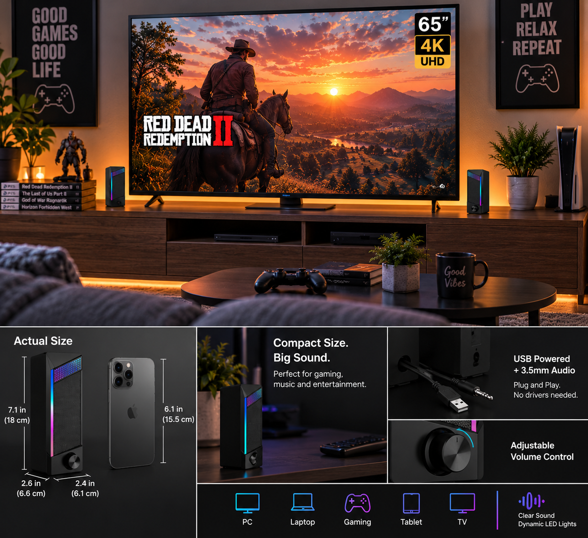 RGB USB Gaming Soundbar – 6W ABS Speaker for PC/Computer