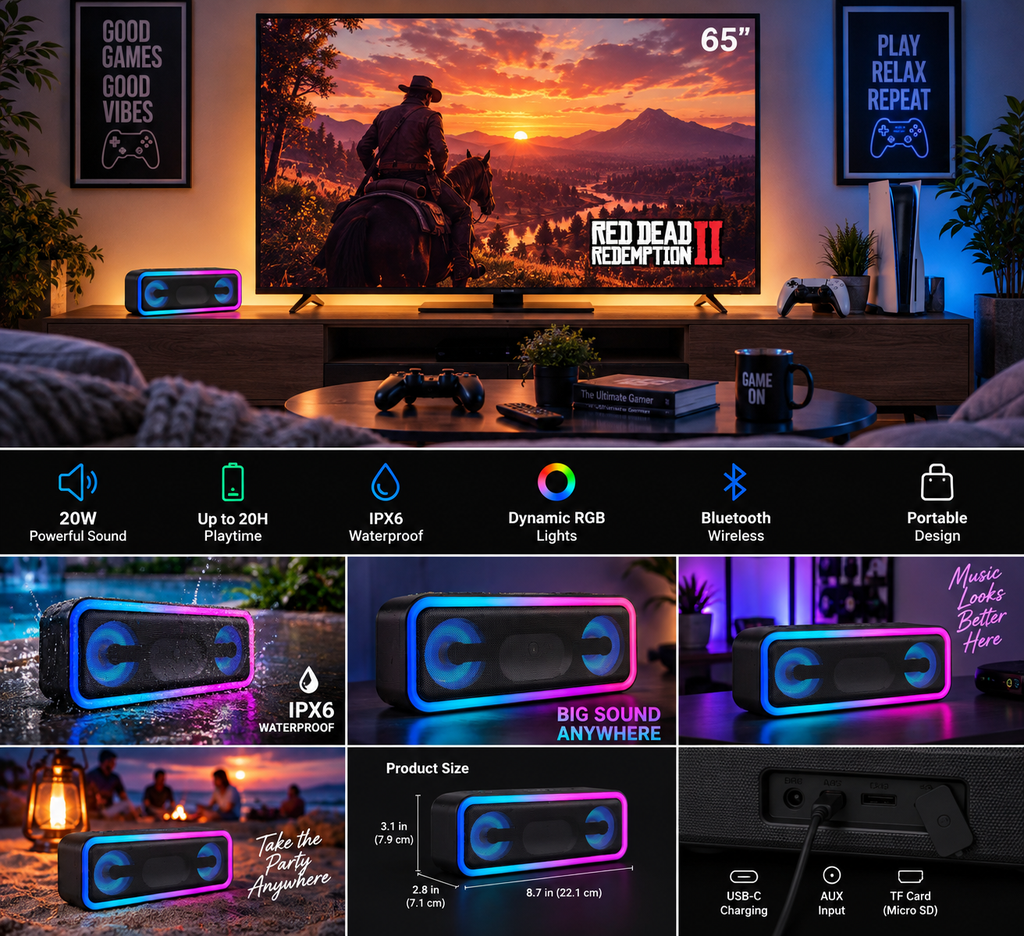 PRO Bluetooth Speaker Ð 20W Sound, IPX6 Waterproof, 20H Playtime, RGB Lights, Deep Bass
