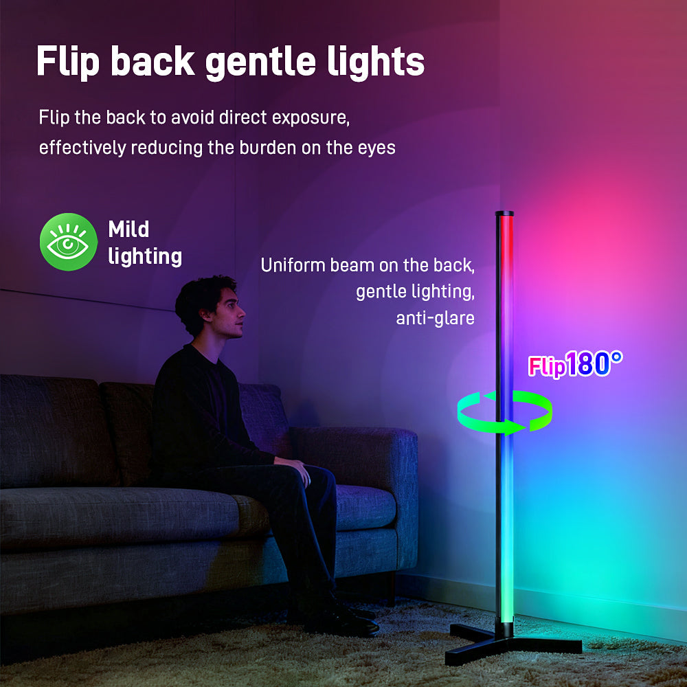 RGB LED Corner Floor Lamp, flip 180°，Remote Control,Standingl Corner Changing Ambience Light, for Living Bedroom Room Gaming Room