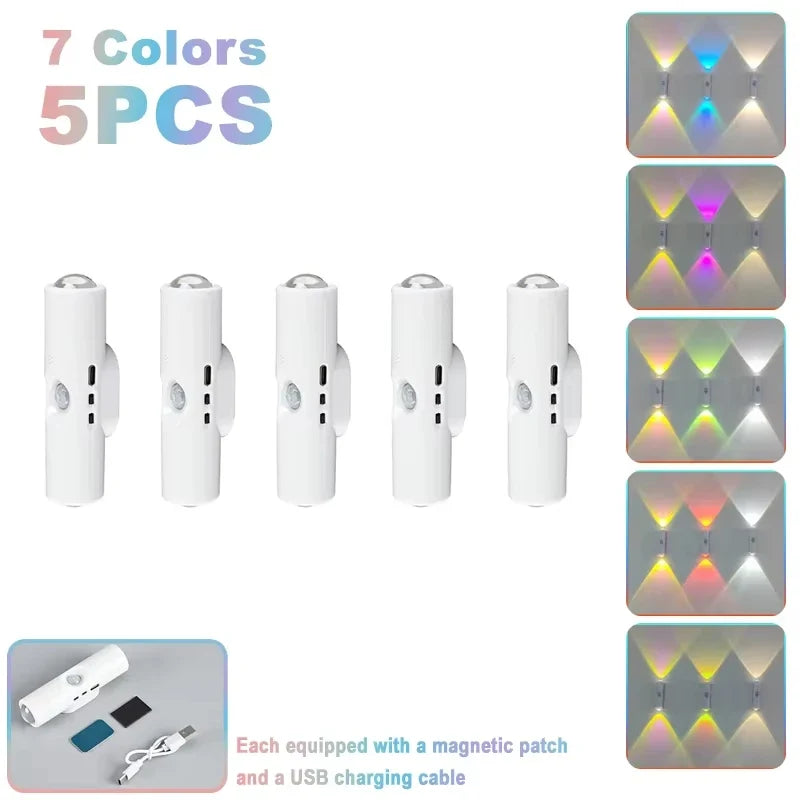 Double-head LED Night Light with Motion Sensor RGB Rechargeable Magnetic Wall Lamp Mood Ambient Light for Cabinet Hallway Stair