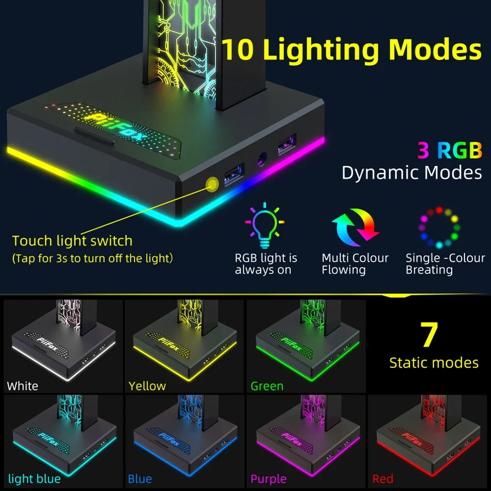 Soporte Auriculares Gaming RGB 10 Modos Luz USB 3.5mm